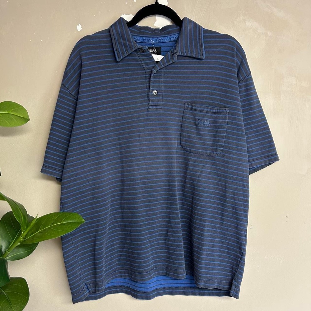 Boss Hugo Boss Mens Navy Blue Horizontal Striped Boxy Polo Shirt Large Y2K 2000s
